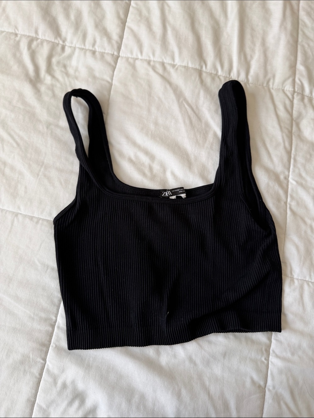 ZARA Black Ribbed Square-Neck Crop Tank